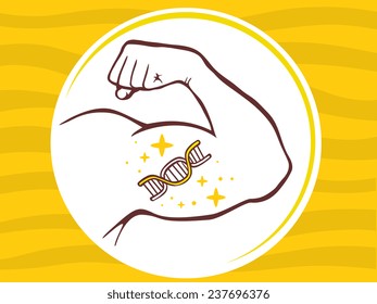 Vector illustration of strong man hand with  icon of DNA molecule chain on yellow pattern background. Manly line art design for web, site, advertising, banner, poster, board and print.
