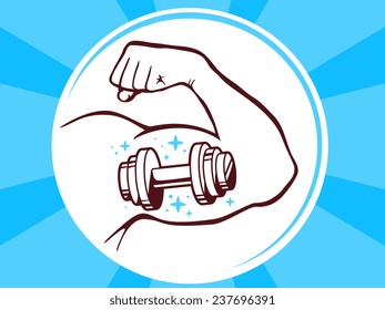 Vector illustration of strong man hand with  icon of dumbbell on blue pattern background. Manly line art design for web, site, advertising, banner, poster, board and print.
