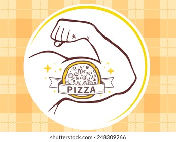 Vector illustration of strong man hand with  icon of pizza on yellow pattern background. Manly line art design for web, site, advertising, banner, poster, board and print.