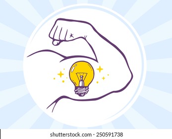 Vector illustration of strong man hand with  icon of bulb light on blue background. Manly line art design for web, site, advertising, banner, poster, board and print.