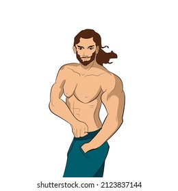 Vector Illustration of Strong Man, Topless Attractive Cartoon Male Character Showing His Muscles Isolated on White Background, Colorful Vector Art.