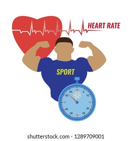 Vector illustration of a strong man and the work of his heart, measured with the help of a stopwatch on white background. Sport and heart rhythm on a stopwatch.