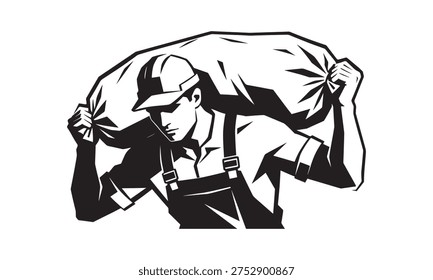 Vector illustration of a strong manual laborer or porter carrying a heavy sack on his shoulders. The man is wearing a hard hat and overalls, representing construction, logistics, and hard work. Clean black and white silhouette design