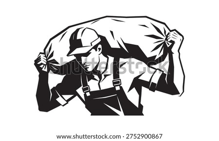 Vector illustration of a strong manual laborer or porter carrying a heavy sack on his shoulders. The man is wearing a hard hat and overalls, representing construction, logistics, and hard work. Clean black and white silhouette design