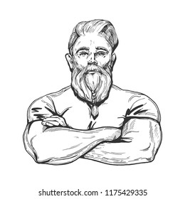 Vector illustration of a strong muscular man with a full beard with braid. Modern Viking mans portrait. Sport, body-builder, security, worker, lumberjack. Vintage hand drawn engraving style.