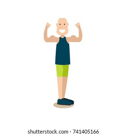 Vector illustration of strong muscular man, bodybuilder, fitness model showing arm muscles. Training outside people concept flat style design element, icon isolated on white background.