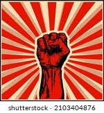 Vector illustration of strong raised fist in a ray red background in the style of soviet propaganda posters.
