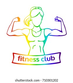 Vector illustration with strong woman doing bicep curl. Fitness club logo template with a place for your name or inscription. Colorful female silhouette isolated on white background.