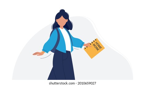 vector illustration of student. Back to school. Schoolgirl. Student with backpack. Student holding homework. Isolated on white. Ready to school.