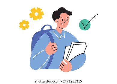 Vector illustration of a student with a backpack and papers in hand. Flat cartoon style. School, education, and learning. Teenage boy in academic life, studying concept. University or college setting