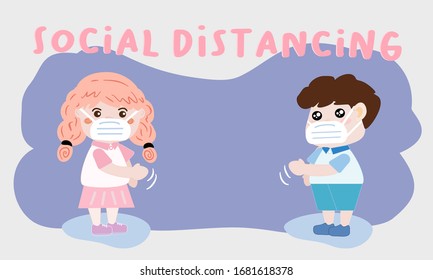 Vector illustration student boy and girl are contact-less greeting, keeping distance to protect spread of corona virus diseases. Idea for social distancing to prevent COVID-19 outbreak.