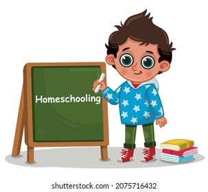 Vector illustration of a student boy looking at camera in front of homeschooling board.