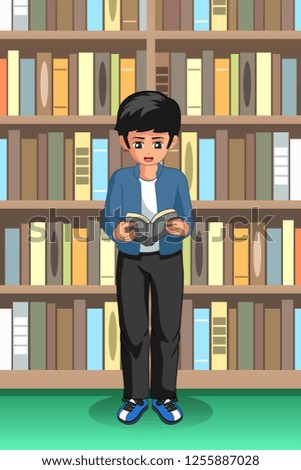 A vector illustration of Student Boy Reading in the Library
