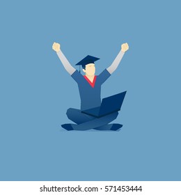 Vector illustration of student character in a student hat sitting with laptop on his crossing legs. Vector concept for banners, infographics, landing pages of website or print design