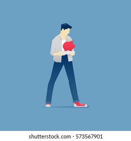 Vector illustration of student character holding a piggy bank on a book. Financial education vector concept for banners, infographics, landing pages of website or print design