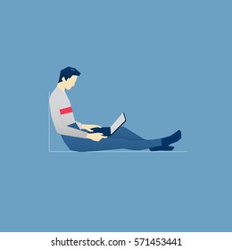 Vector illustration of student character with laptop sitting and leaning to a wall. Vector concept for banners, infographics, landing pages of website or print design