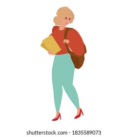 Vector illustration of a student. Cute blonde student with a backpack and books. Illustration in flat style