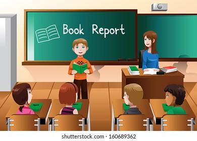 A Vector Illustration Of Student Doing A Book Report In Front Of The Class