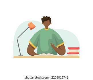 Vector illustration of a student doing homework at a table with books. Profession.