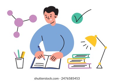 Vector illustration of a student doing homework, writing in a notebook at a desk, solving problems, with books and stationery. Flat cartoon style, ideal for educational themes, school, and study