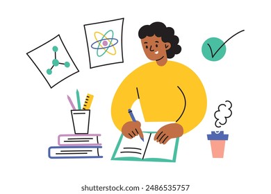 Vector illustration of a student doing homework, writing in a notebook at a desk, solving problems, with books and stationery nearby. Flat cartoon style, ideal for educational themes, school and study