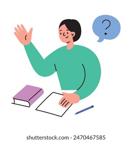 Vector illustration of a student girl raising her hand at a desk in a classroom. Flat, cartoon style, education and learning concept, student participation, learning environment