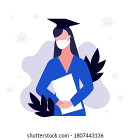 Vector illustration of student girl or woman in mask with diploma or certificate around viruses. Student with square academic cap on head. Stay safe concept