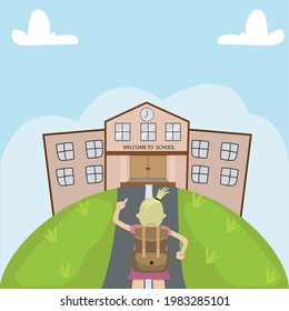 Vector Illustration of Student Go To School and School Background.