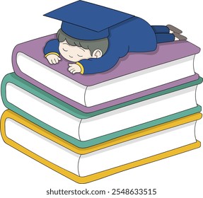 Ilustración vectorial de un estudiante con atuendo de graduación descansando sobre una pila de libros Grandes, que simbolizan la presión académica y la fatiga posterior a la graduación