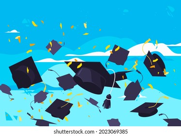 Vector illustration of student graduation hats flying in the air with golden confetti on a blue sky background