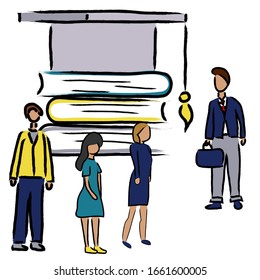Vector illustration of a student hat with a brush and books surrounded by people. Drawn in a flat style. Graduation and education concept. 
