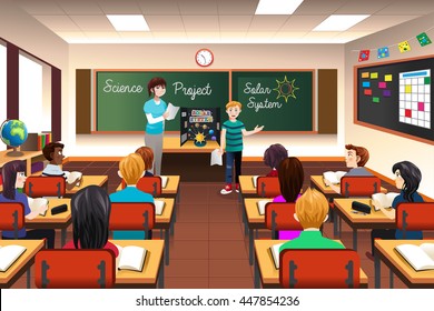 A Vector Illustration Of Student Having Science Project Presentation