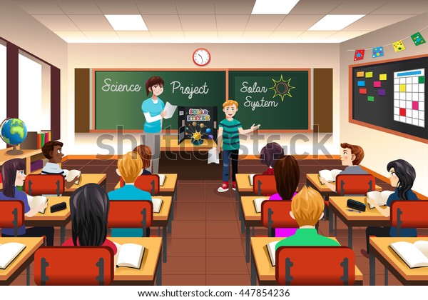 A vector illustration of student having\
science project presentation