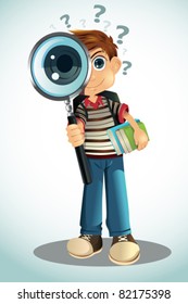 A vector illustration of a student holding a magnifying glass and books