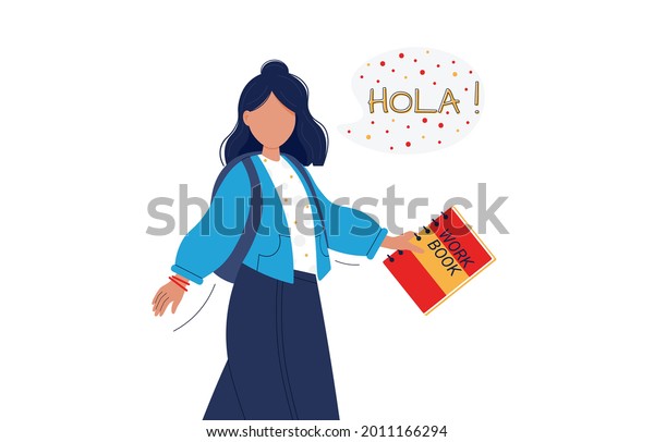 Vector illustration of student. Language courses.\
Spanish language. Spanish courses. Back to school. Hello. Language\
school. 