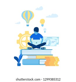 	
vector illustration  student learn and gain knowledge. The  guy is studying online 