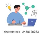 Vector illustration of a student preparing for exam, reading from laptop and writing notes in a notebook. Doodle, flat, cartoon style, education concept, learning, and academic preparation