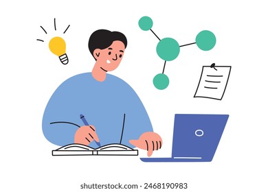 Vector illustration of a student preparing for exam, reading from laptop and writing notes in a notebook. Doodle, flat, cartoon style, education concept, learning, and academic preparation