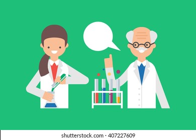 Vector illustration of student and professor working in a laboratory