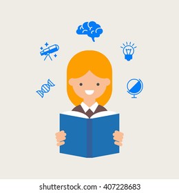 Vector illustration of a student reading a book, education concept