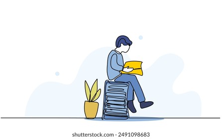 Vector illustration of student are reading book.Modern flat in continuous line style.