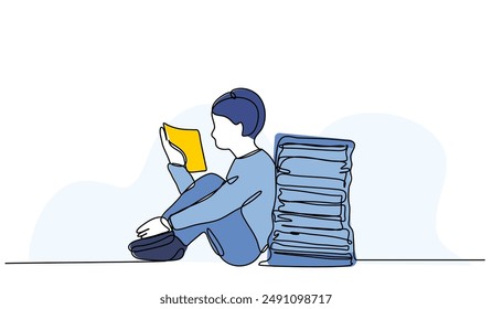Vector illustration of student are reading book.Modern flat in continuous line style.