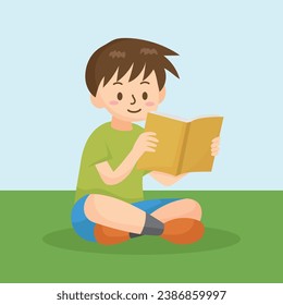 Vector illustration of student reading on the grass. Illustration of a boy reading that can be used in education.