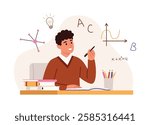 Vector illustration of a student solving math exercises. Cartoon scene of a boy sitting at a table with pencils, holding a pen and doing homework,geometry,idea light bulb,isolated on white background.