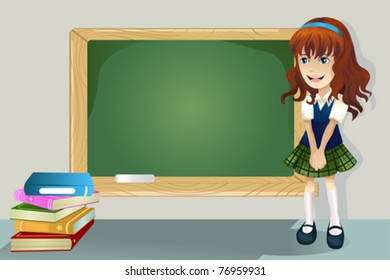 A vector illustration of a student standing in front of a blackboard