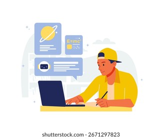 Vector Illustration A Student Studying with an AI Assistant on a Laptop