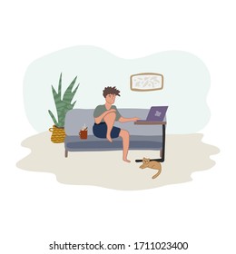 Vector illustration, student studying at home. The guy sits at home at the computer, a cup of coffee, home decor.