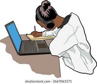 Vector illustration of a student studying with laptop and notebook, online learning and education concept.