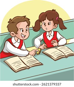 Vector illustration of student taking friend's eraser without permission