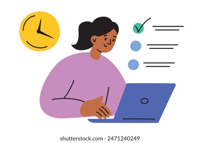 Vector illustration of a student taking a timed test on a laptop. Flat cartoon style. Online education and study on deadlines and timers. Digital exam setting in school or university. Remote learning